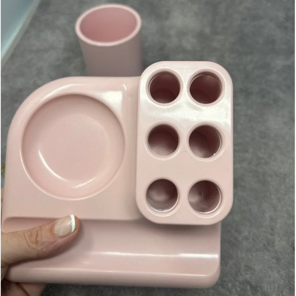 Vintage Pink Bathroom Vanity Set Toothbrush Holder Cup Soap Dish Retro Made USA